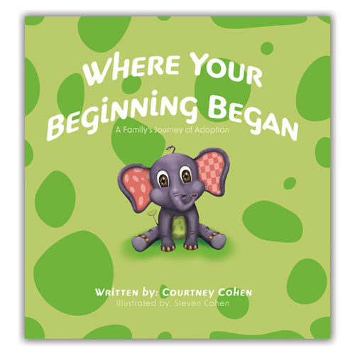 Kaynay the elephant sits with a green back drop with dark green dots on the cover to this Christian Children's book on private adoption