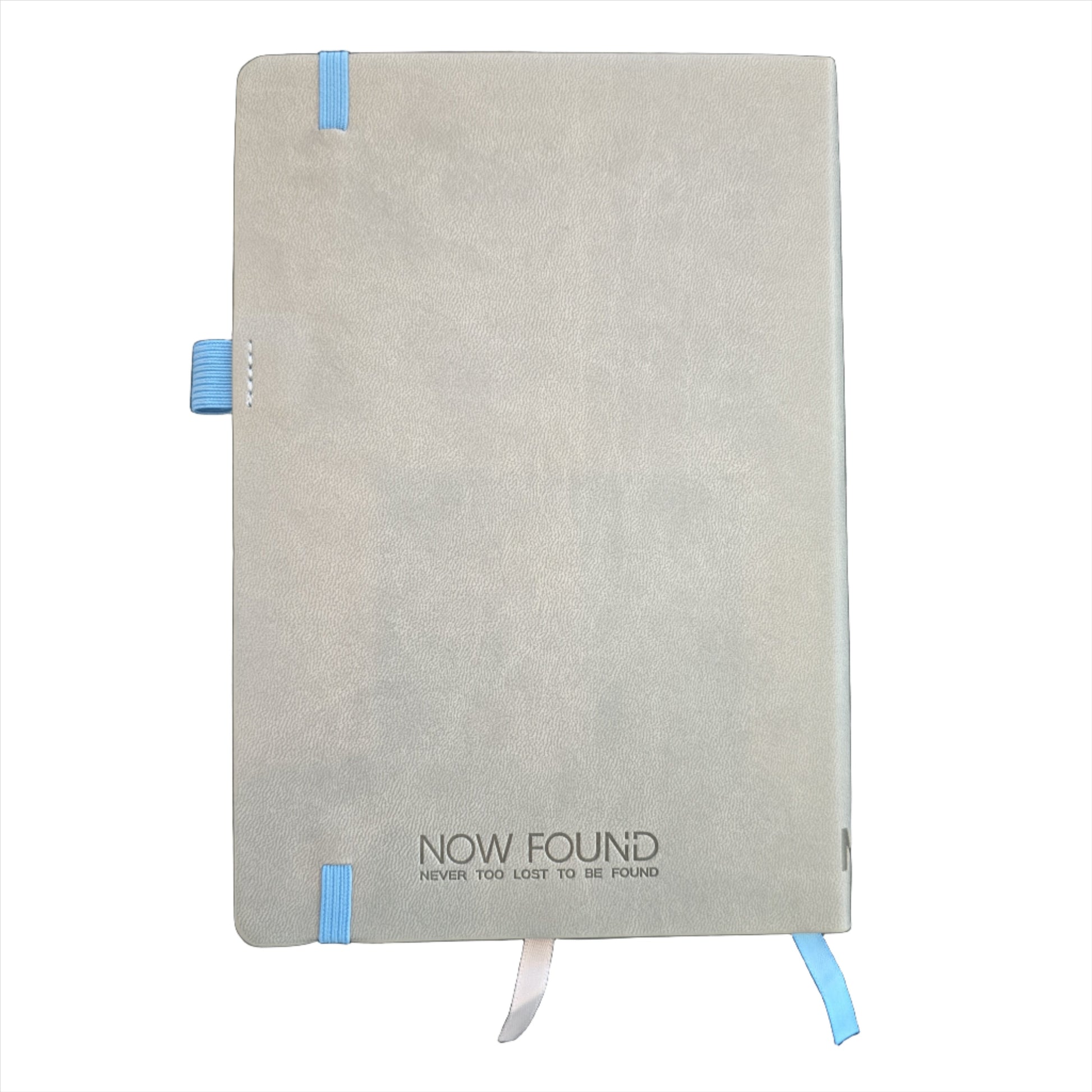 Never Too Lost To Be Found Dot Grid Faux Leather Journal Back With Now Found Logo