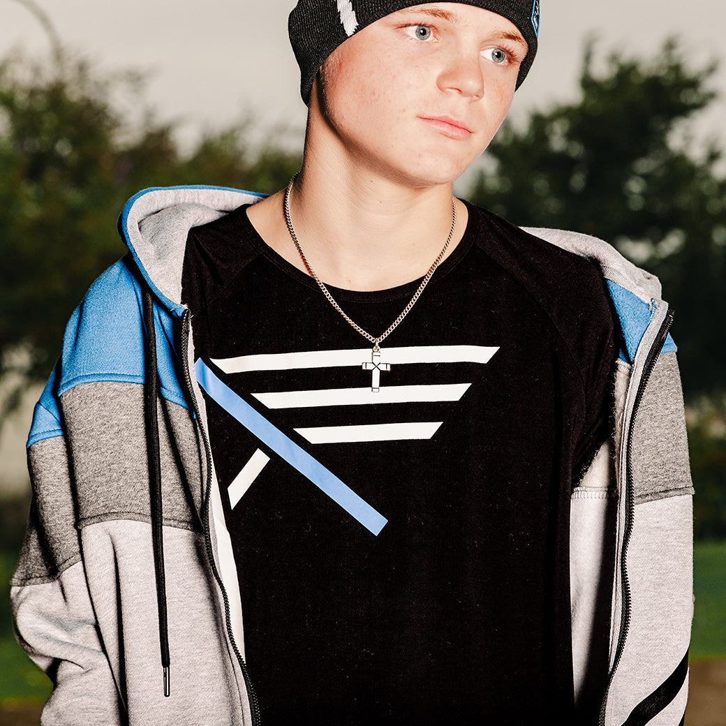 Christian Young Man wearing black I AM bamboo tee and I AM Royal Hoodie from Now Found Christian Apparel