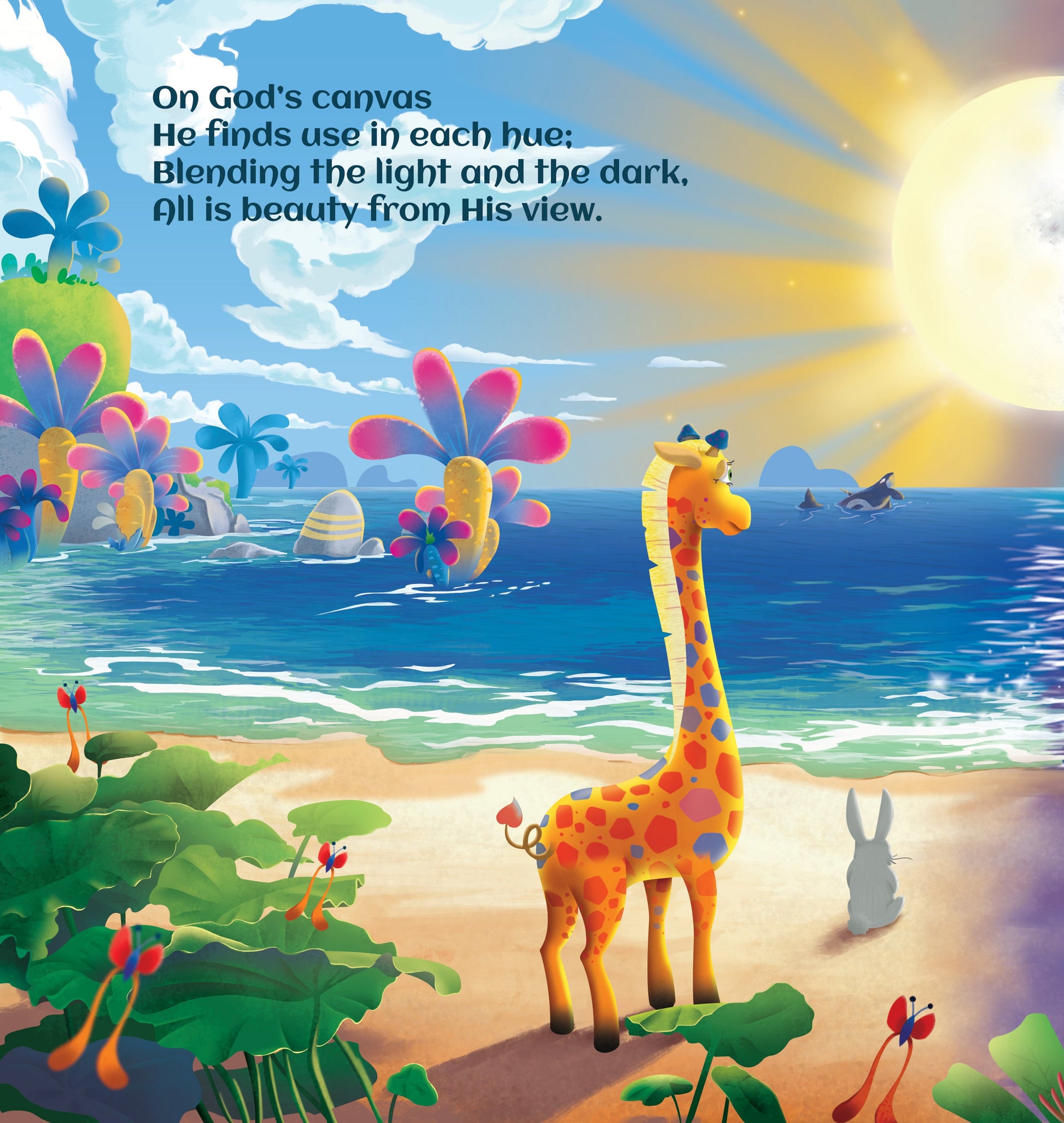 Gif the Giraffe on the beach of Fambly in Loved As You Are by Steven Cohen , a Christian Children's Book for Adoption Families