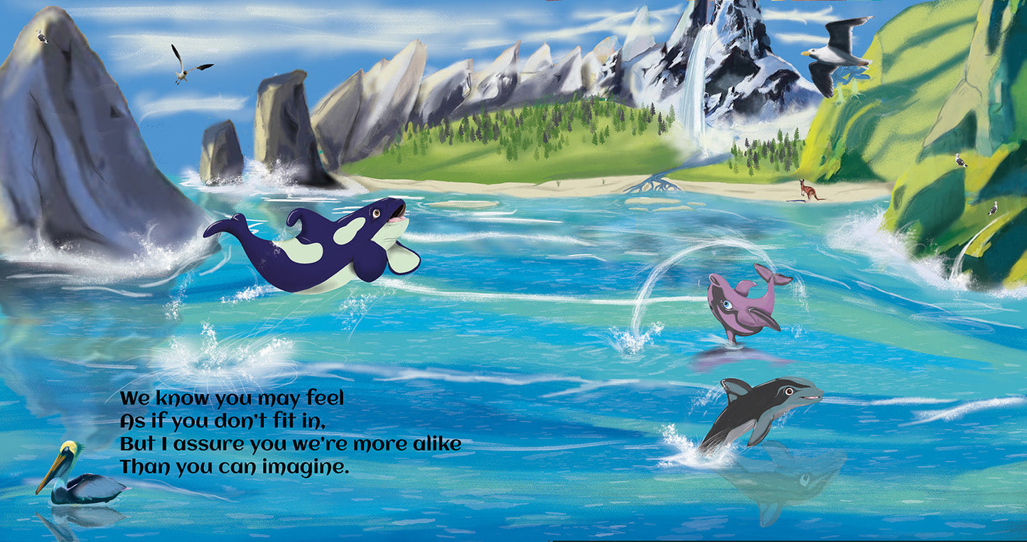 Omari The Orca plays with her foster parents as they flip and spin in However Long Forever Christian Children's book.