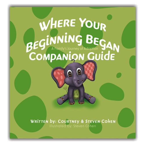 The christian children's book cover of the "Where Your Beginning Began Companion Guide" featuring a bright green background and kaynay the elephant