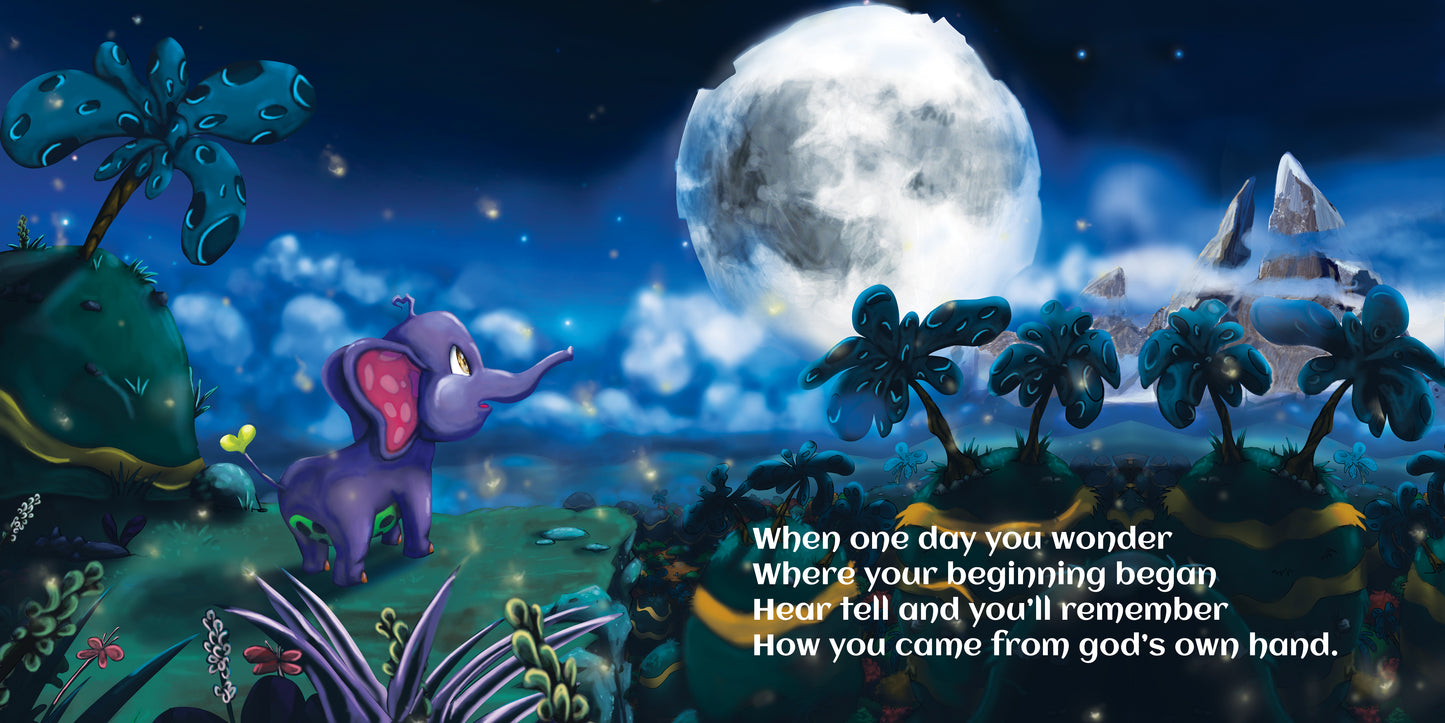 Kaynay the elephant stares at the full moon as it rises over the land of Fambly