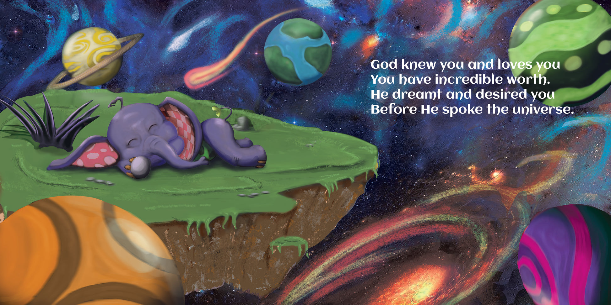 Where Your Beginning Began's Kaynay the elephant sleeps peacefully as she is assured of God's love for her before the universe was created.