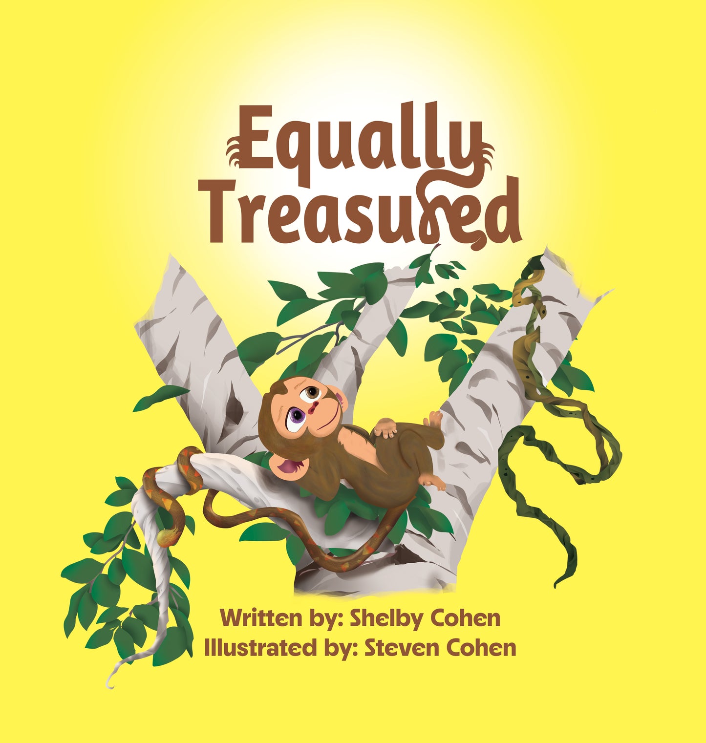 "equally treasured" christian children's book by shelby cohen cover with monty the monkey in a family tree