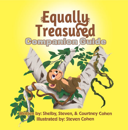 "equally treasured" christian children's book companion guide cover with monty the monkey in a land of fambly family tree