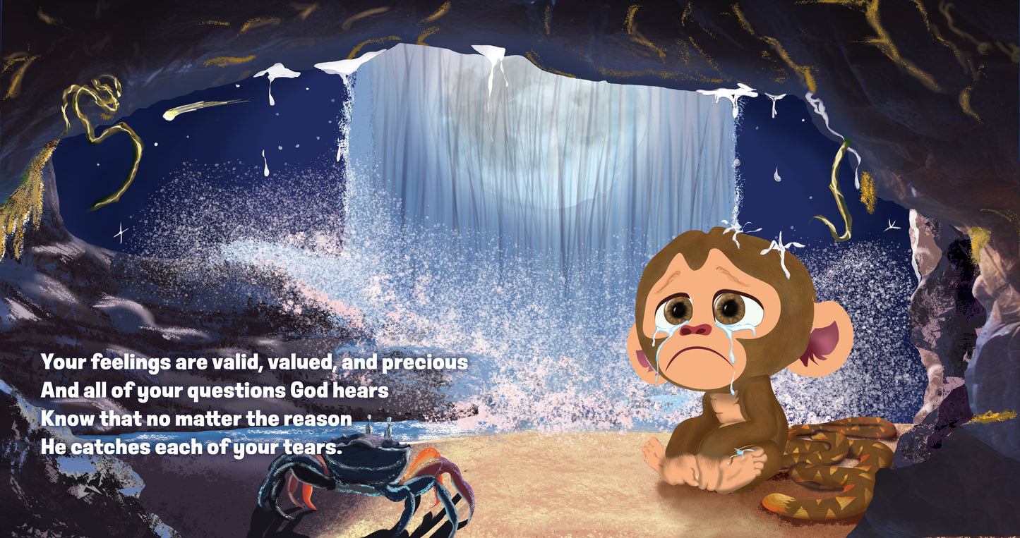 illustration of monty the monkey alone in a cave behind a waterfall, with croix the crab expressing sadness and raw feelings.