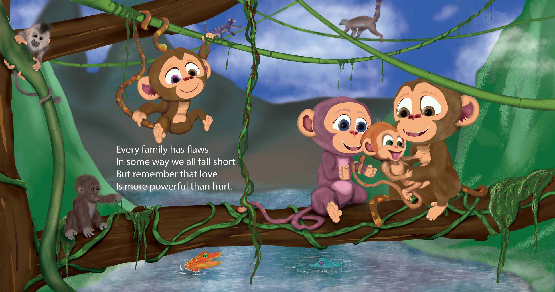 illustration of monty the monkey  from equally treasured swinging from vines with his family on a tree branch.