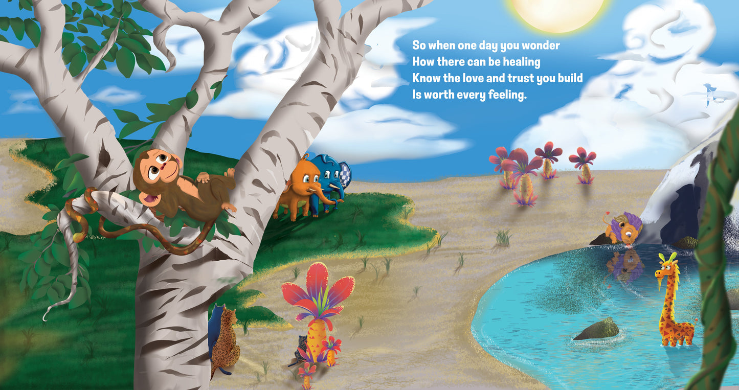 illustration from "equally treasured" by shelby cohen, showing monty the monkey daydreaming in a tree surrounded by gif the giraffe, ruslan the lion, and kaynay the elephant.