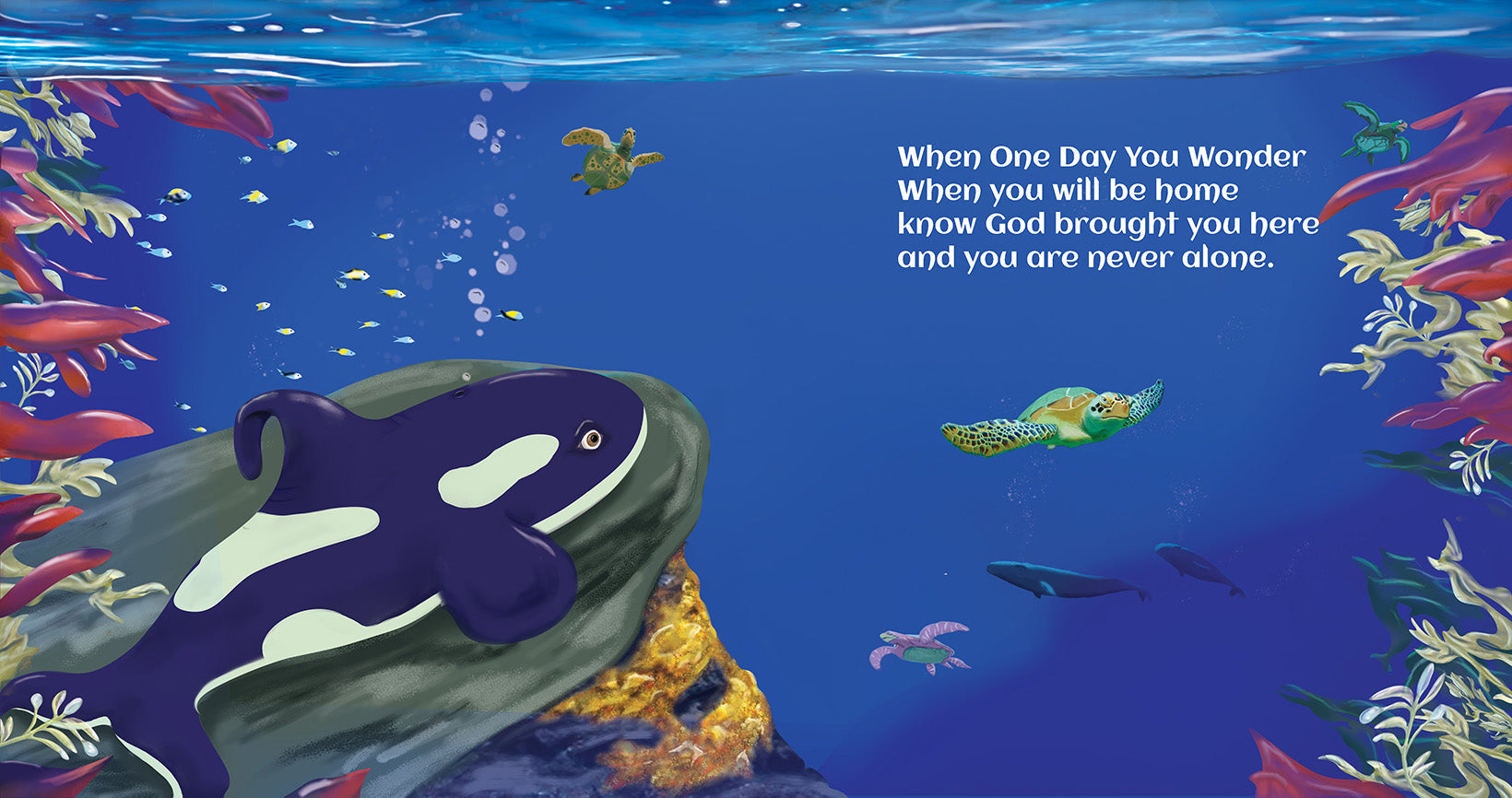 Omari the orca feeling alone looking into the drop-off of the Fambly ocean in however long forever christian children's foster care book by Steven Cohen published by Now Found Publishing
