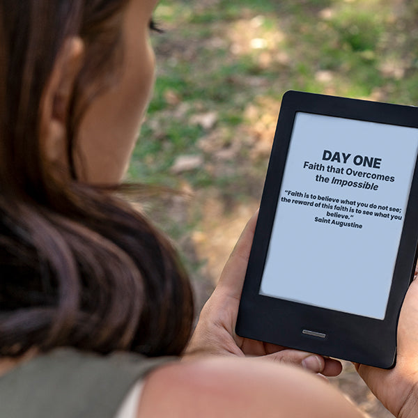 A christian woman reading the book "Finding Faith That Overcomes" by Courtney Cohen from now found publishing