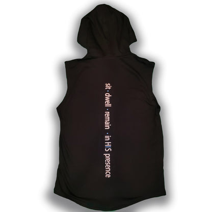 Black Sleeveless ABIDE Hoodie back view with hood up.