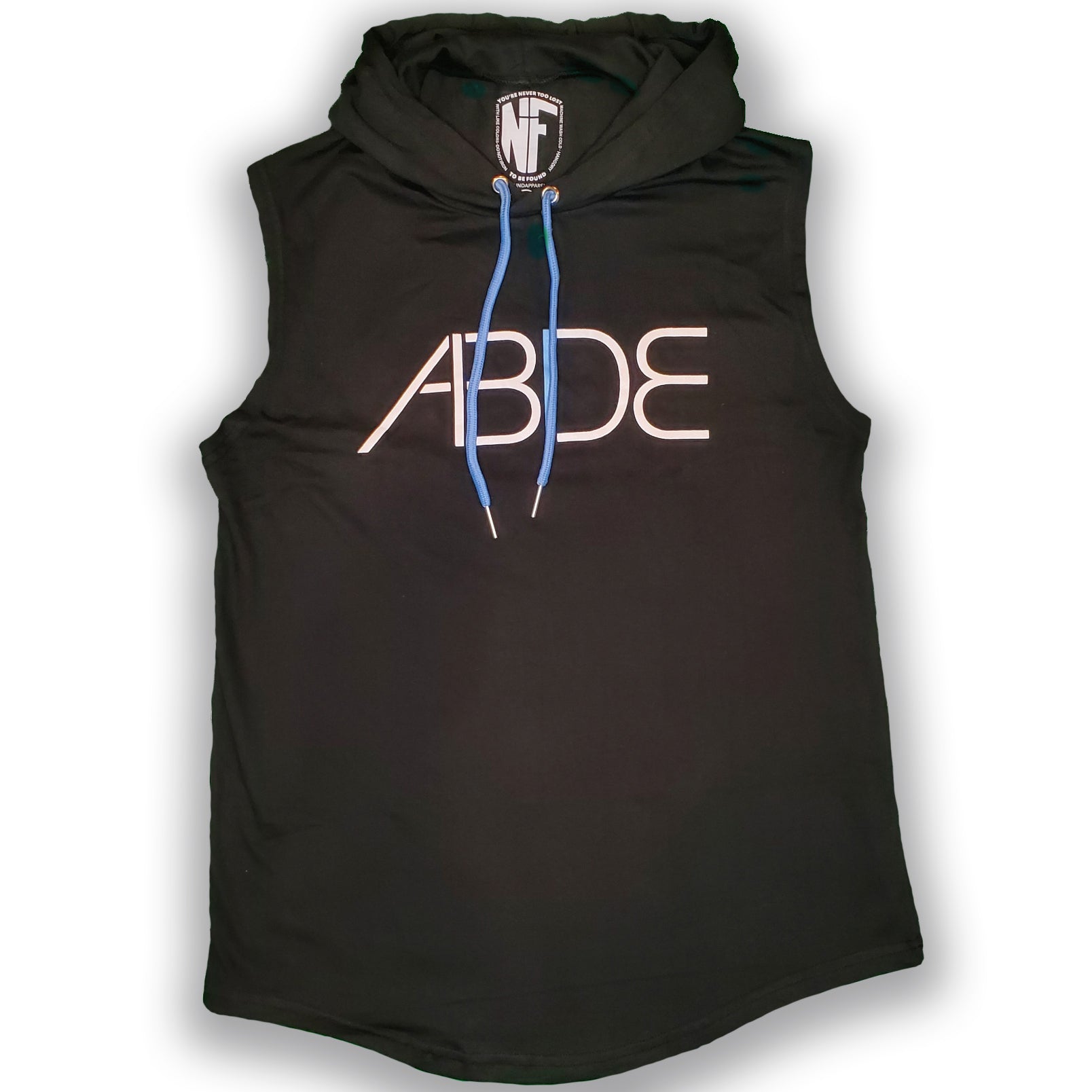 Black Sleeveless ABIDE Hoodie front view with hood down.