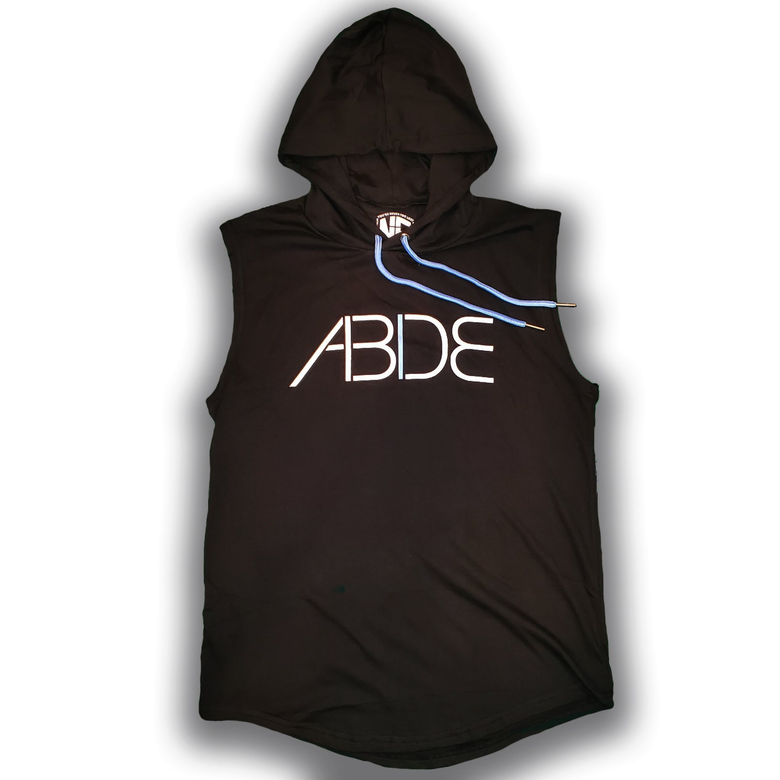 Black Sleeveless ABIDE Hoodie front view with hood folded