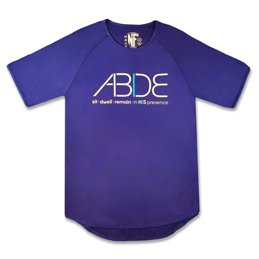 Indigo blue Abide bamboo tee with bold "Abide - sit, dwell, remain in His presence" design