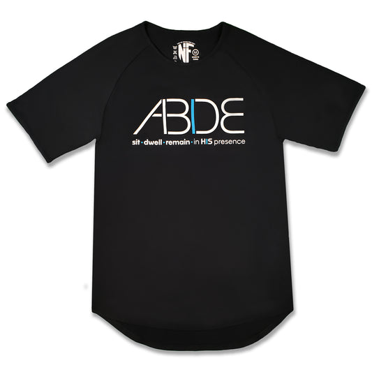 Black Abide bamboo tee with a bold "Abide - sit, dwell, remain in His presence design